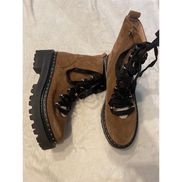 STEVE MADDEN Rainier Cognac Suede Lug Sole Lace-Up Platform Ankle Boots 5.5 - Picture 5 of 11